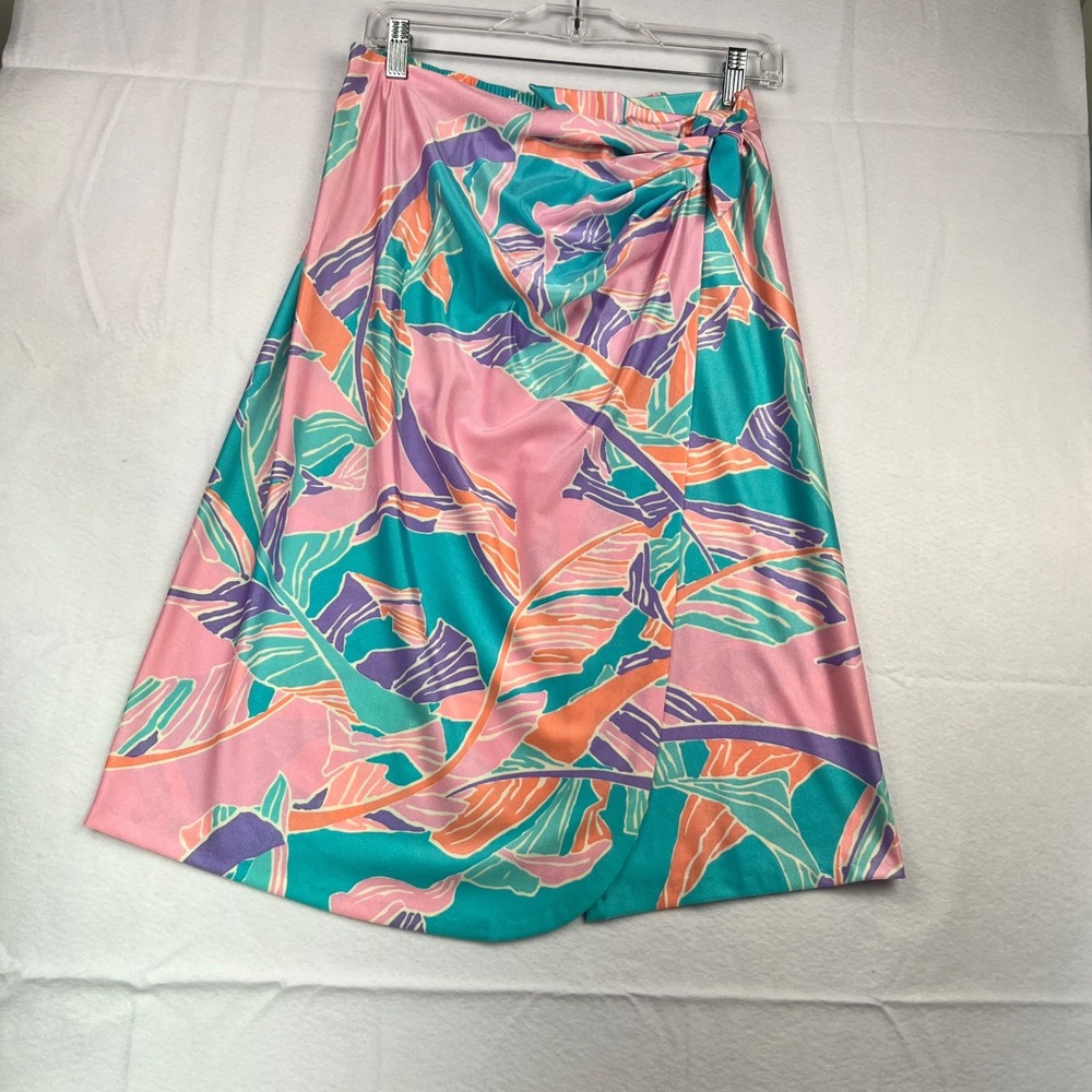 Stewart Vintage Tropical Leaf Print Faux Wrap Midi Skirt Pink Turquoise Med - Picture 1 of 11
